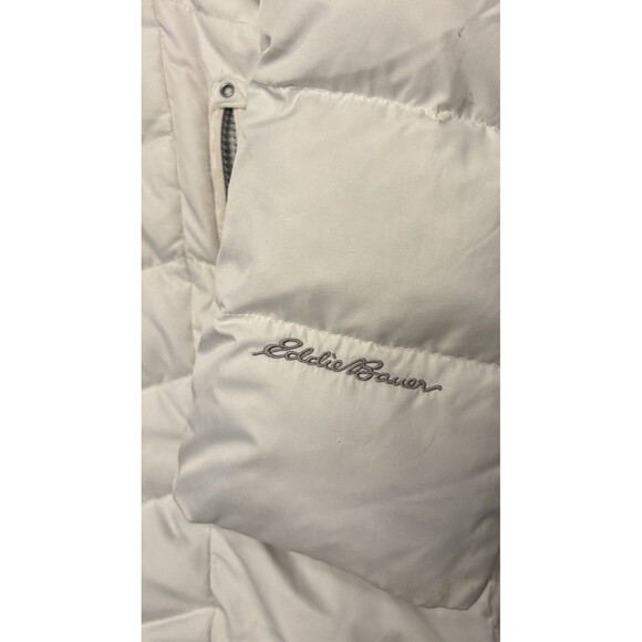 Women's L Eddie Bauer Sun Valley Down Parka Faux Fur Trim Hood Vapour White Coat - Picture 8 of 11
